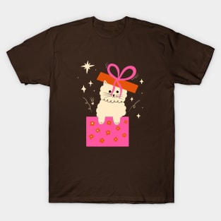 Cute white cat with bow illustration. Birthday art gift idea T-Shirt